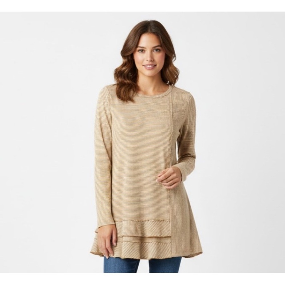 Soft Surroundings Tunic Women Small Tan Striped NWT Ruffle Hem Long Sleeve Top